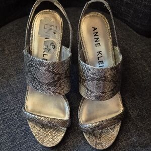 Anne Klein Snake-Print Metallic Gray Slingback Sandals